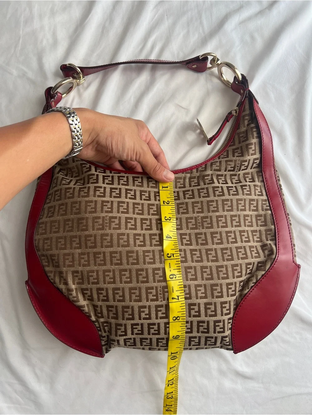BNWOT vintage Fendi Zucchino FF Brown Monogram canvas Chef hobo bag Red Dust bag